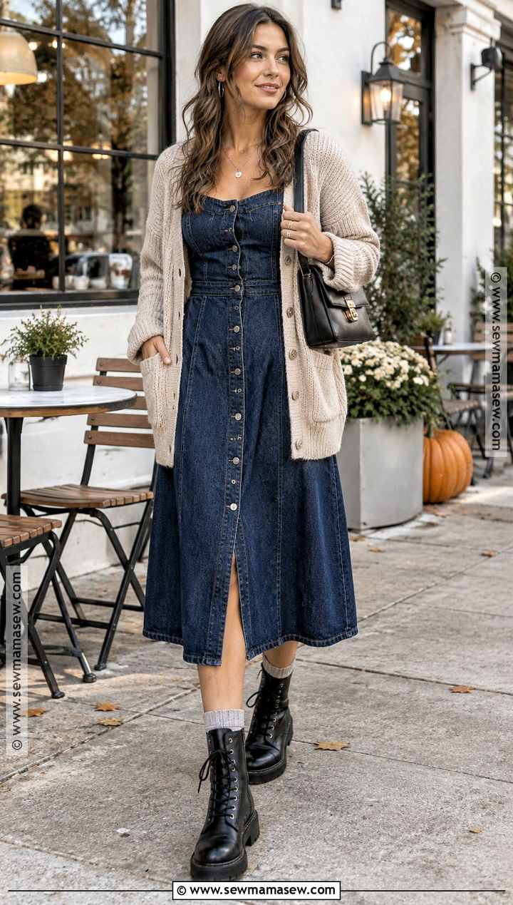 Denim Dress With Cardigan And Combat Boots - 15 Dress With Combat Boots Outfit Fall