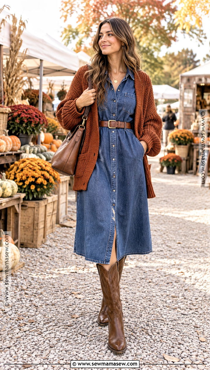 Denim Dress With Chunky Cardigan And Western Boots - 25 denim dress outfit fall ideas