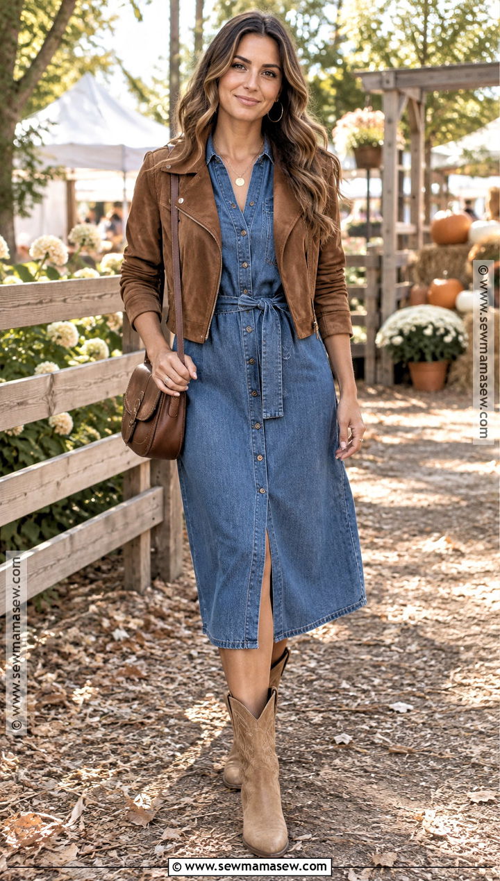 Denim Dress With Cowboy Boots - 25 fall outfits boots