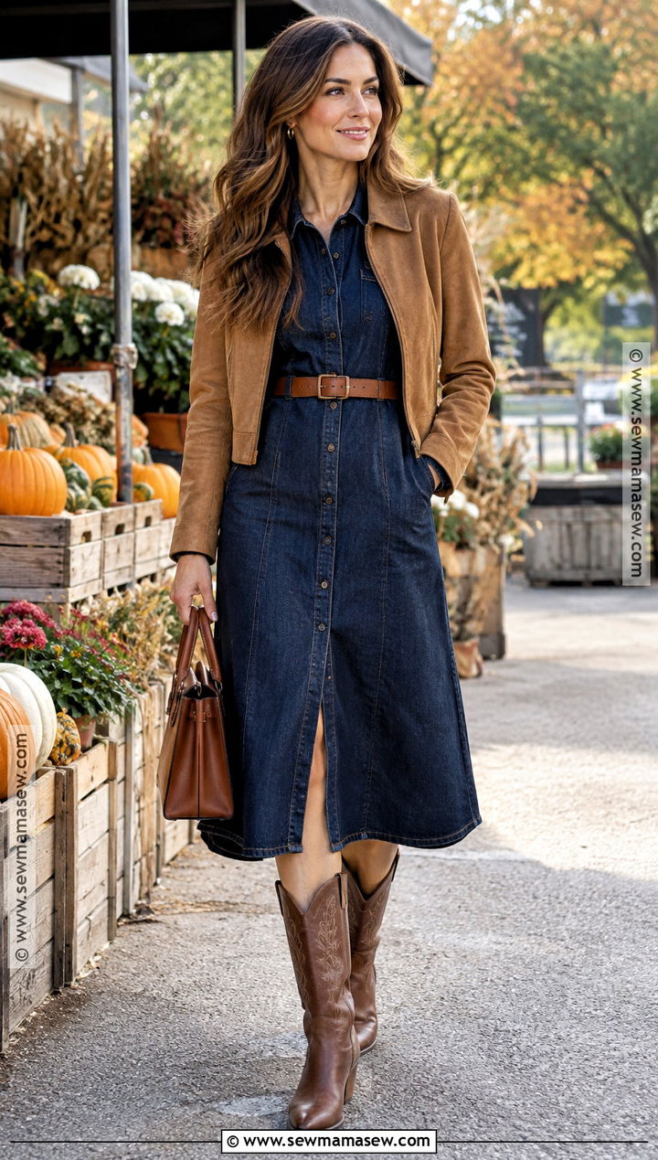 Denim Dress With Cowboy Boots - 15 Boots And Dresses Fall