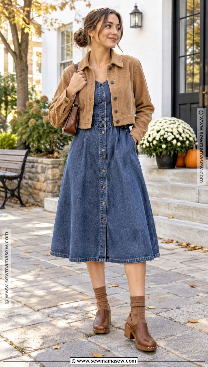 Denim Dress With Cropped Jacket And Clogs - 25 denim dress outfit fall ideas