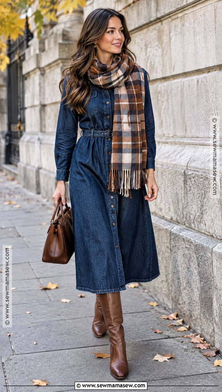 Denim Dress With Scarf And Tall Boots - 25 denim dress outfit fall ideas