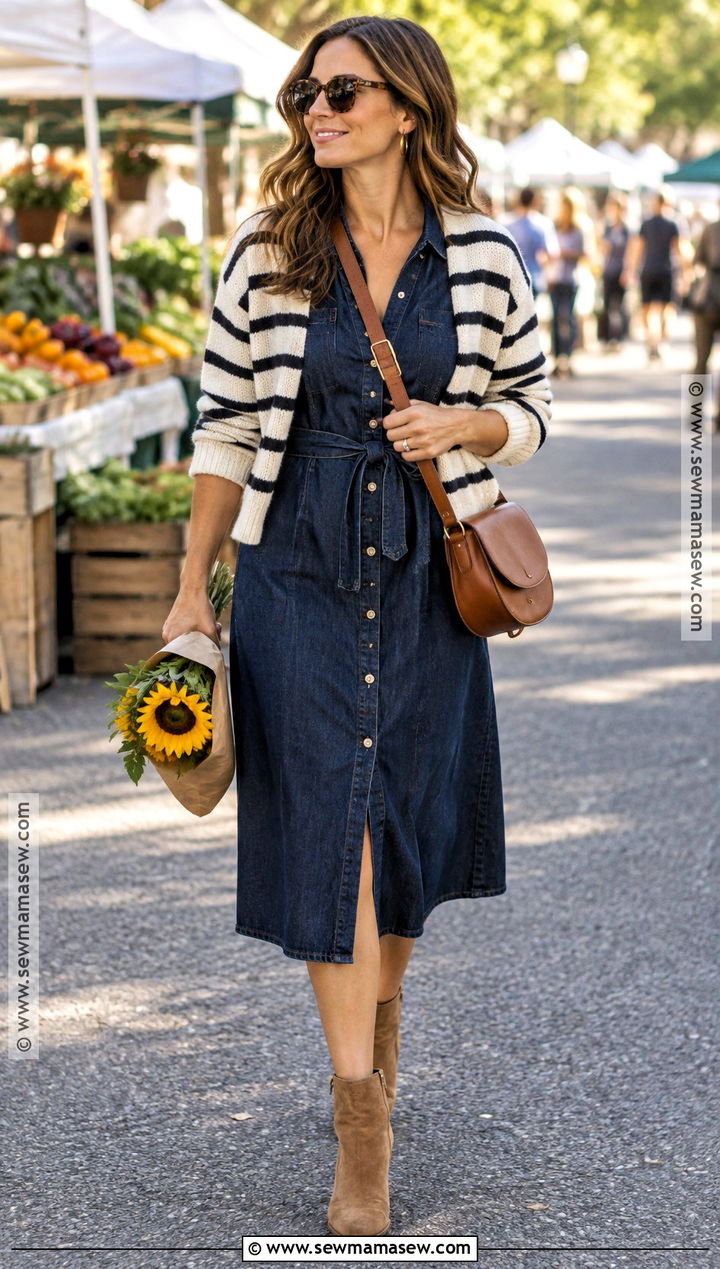 Denim Dress With Striped Sweater - 15 Fall Dress With Sweater Outfit Ideas