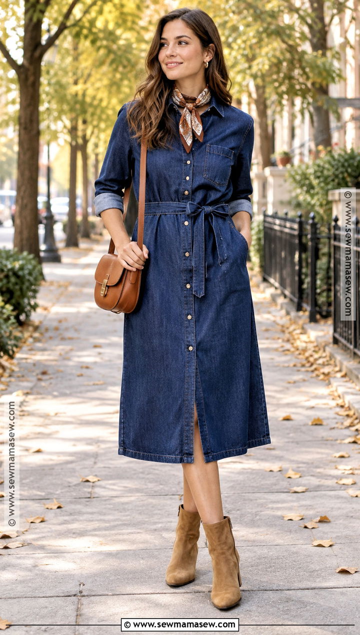 Denim Dress With Suede Ankle Boots - 15 women's fall dress outfits