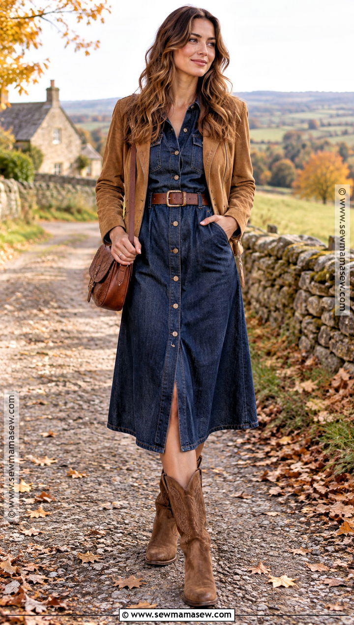 Denim Dress With Suede Jacket And Western Boots - 25 autumn outfits dress