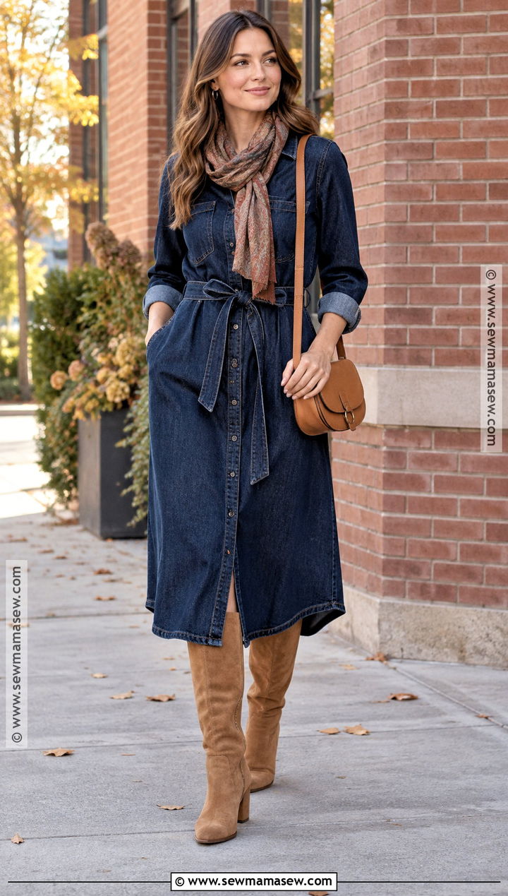 Denim Dress With Suede Knee High Boots - 20 Autumn Knee High Boots Outfit
