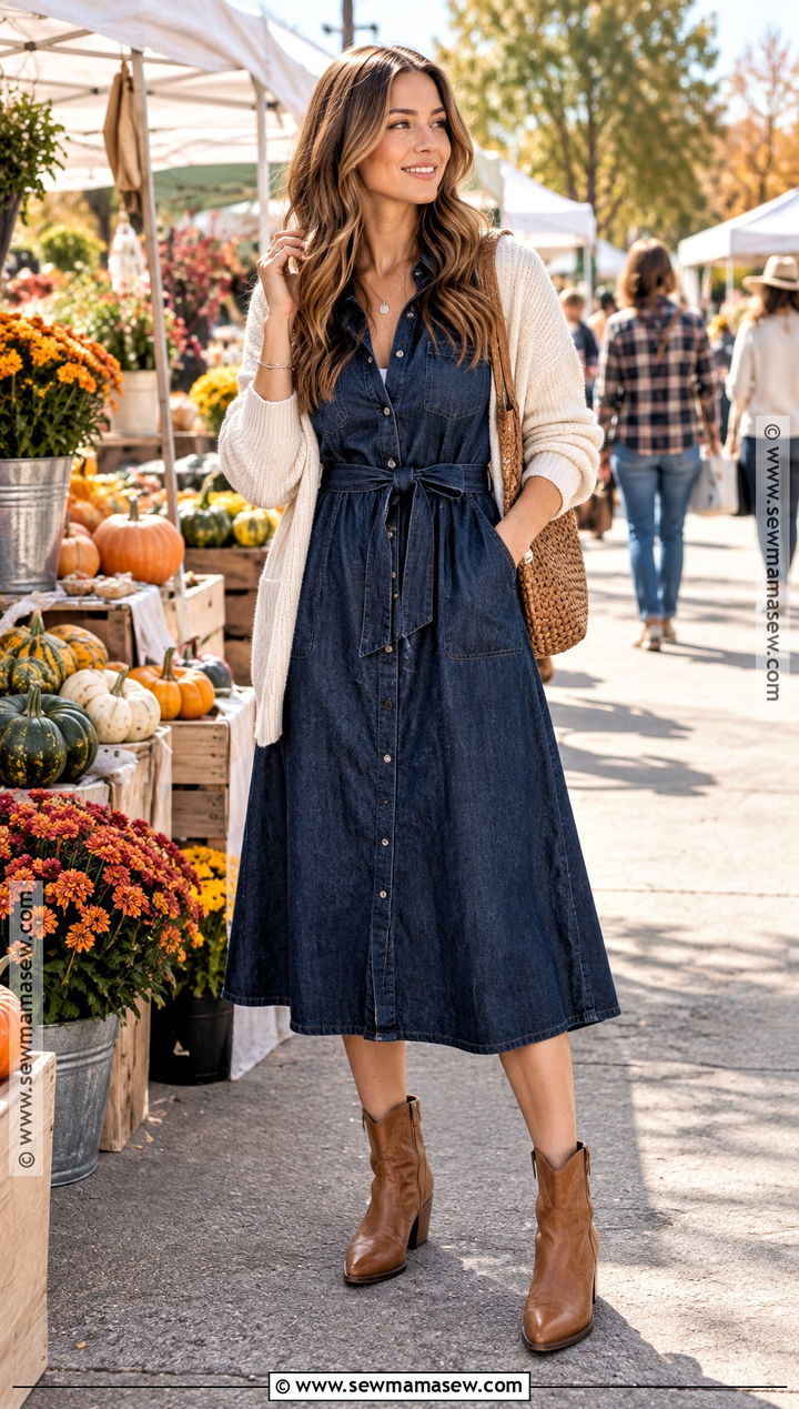 Denim Dress With Western Ankle Boots - 15 fall dress with ankle boots