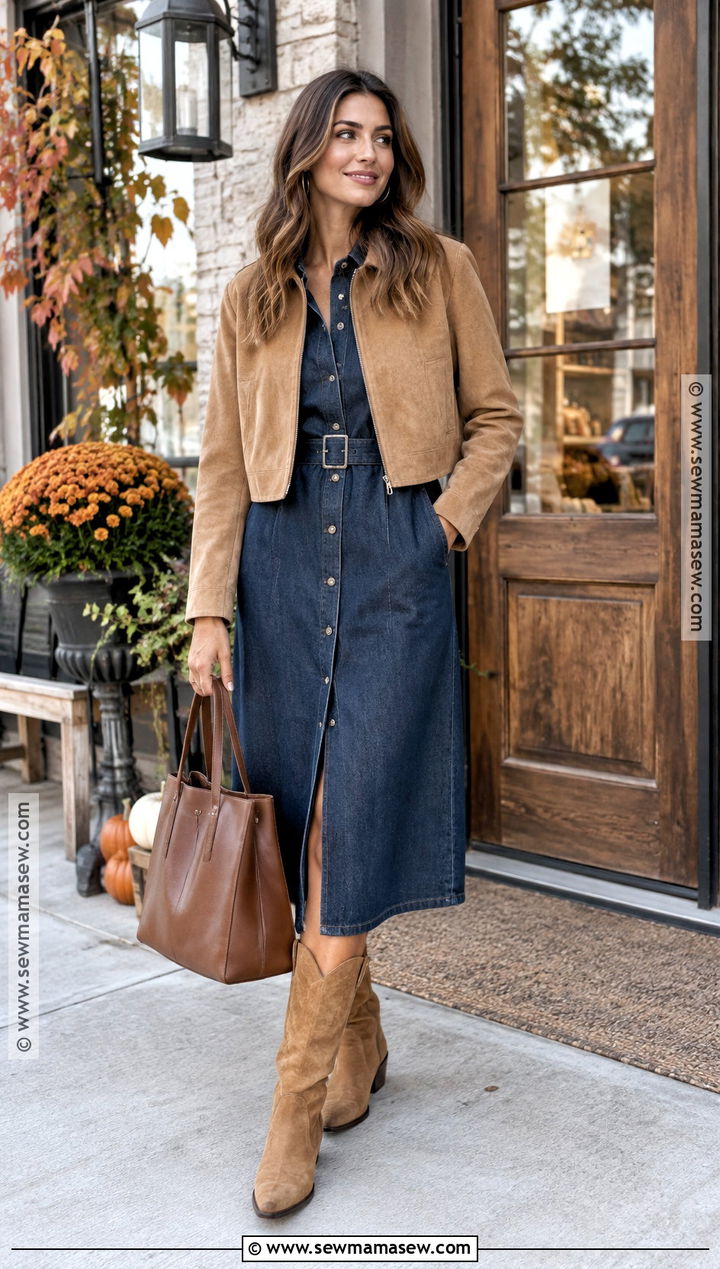 Denim Dress With Western Boots - 25 fall dress outfit with boots