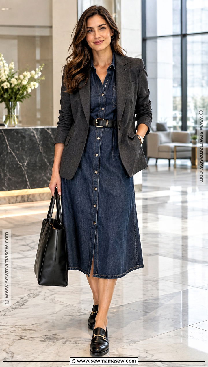 Denim Dress Work Outfit With Blazer And Loafers - 25 denim dress outfit fall ideas