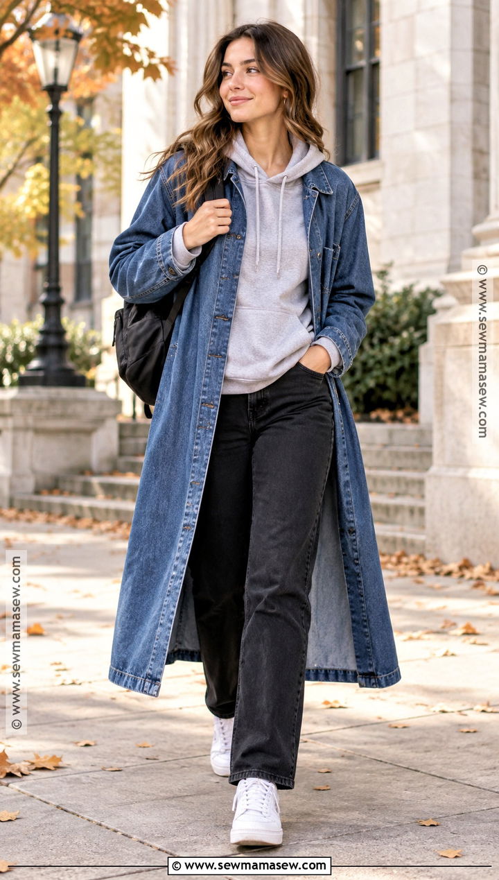 Denim Duster Coat With Hoodie And Black Jeans - 25 fall coat ideas