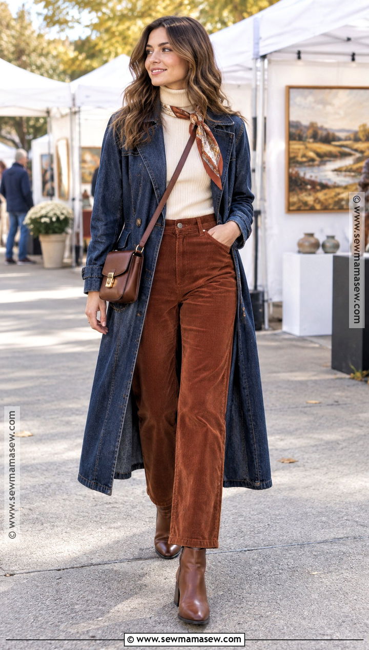 Denim Duster Coat With Turtleneck And Corduroy Pants - 20 long fall coat ideas