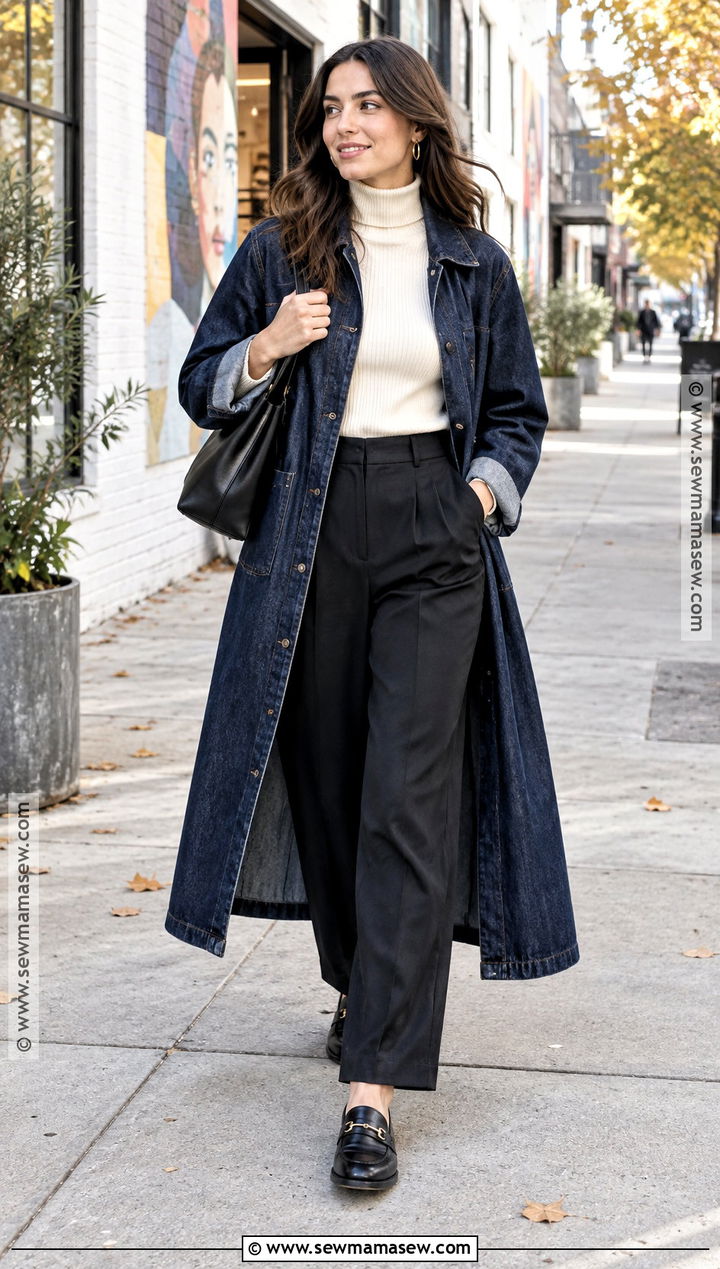 Denim Duster Coat With Turtleneck And Trousers - 20 fall coat outfits