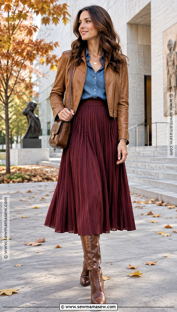 Denim Fall Blouse With Midi Skirt - 20 fall blouse ideas