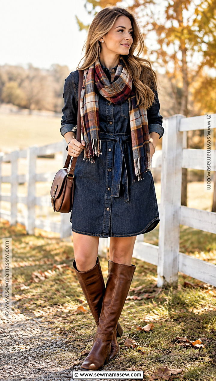 Denim Fall Country Dress With Brown Boots - 15 Fall Country Dresses