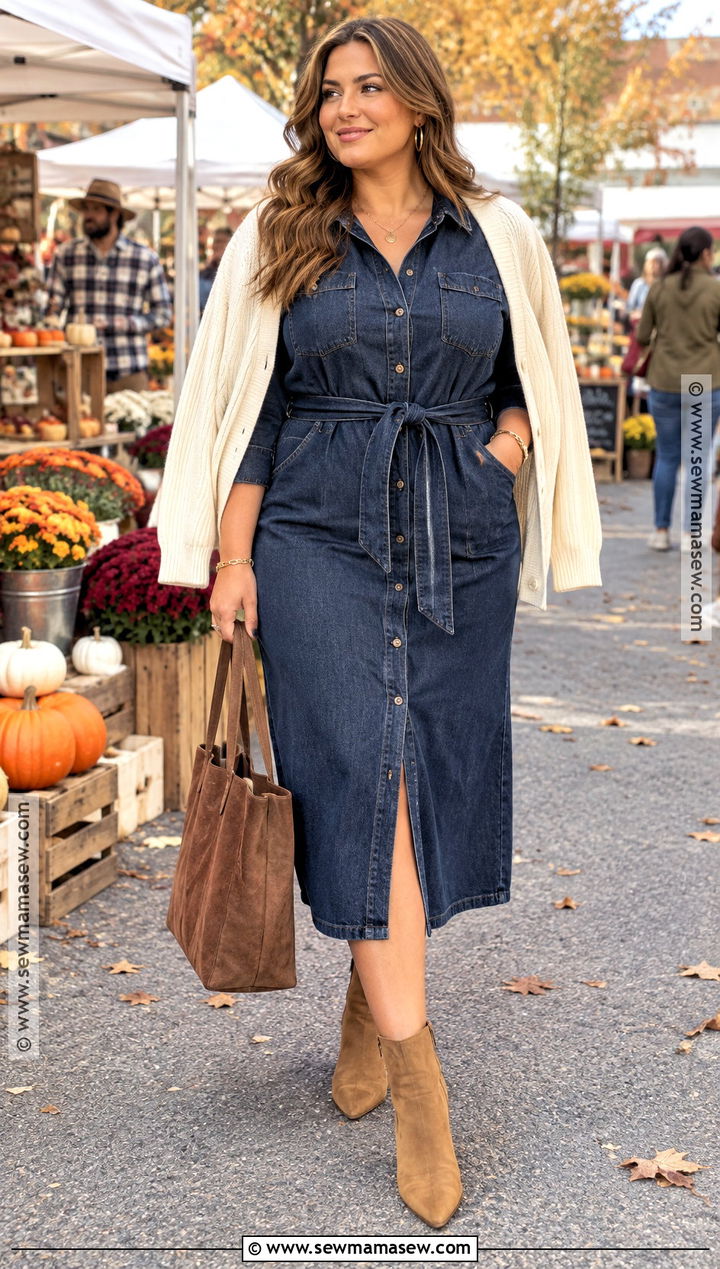 Denim Fall Dress With Ankle Boots - 15 fall outfits 2026 dress