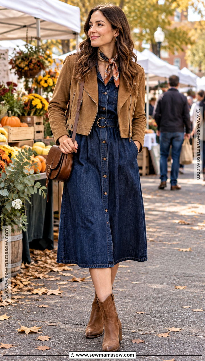 Denim Fall Dress With Suede Jacket - 20 fall dress outfit ideas