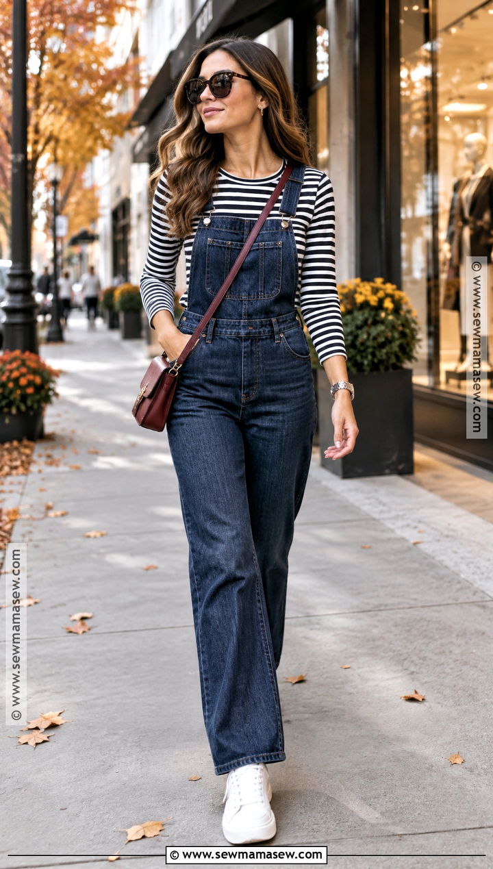Denim Fall Onesie Outfit With Striped Tee - 15 fall onesie outfit ideas