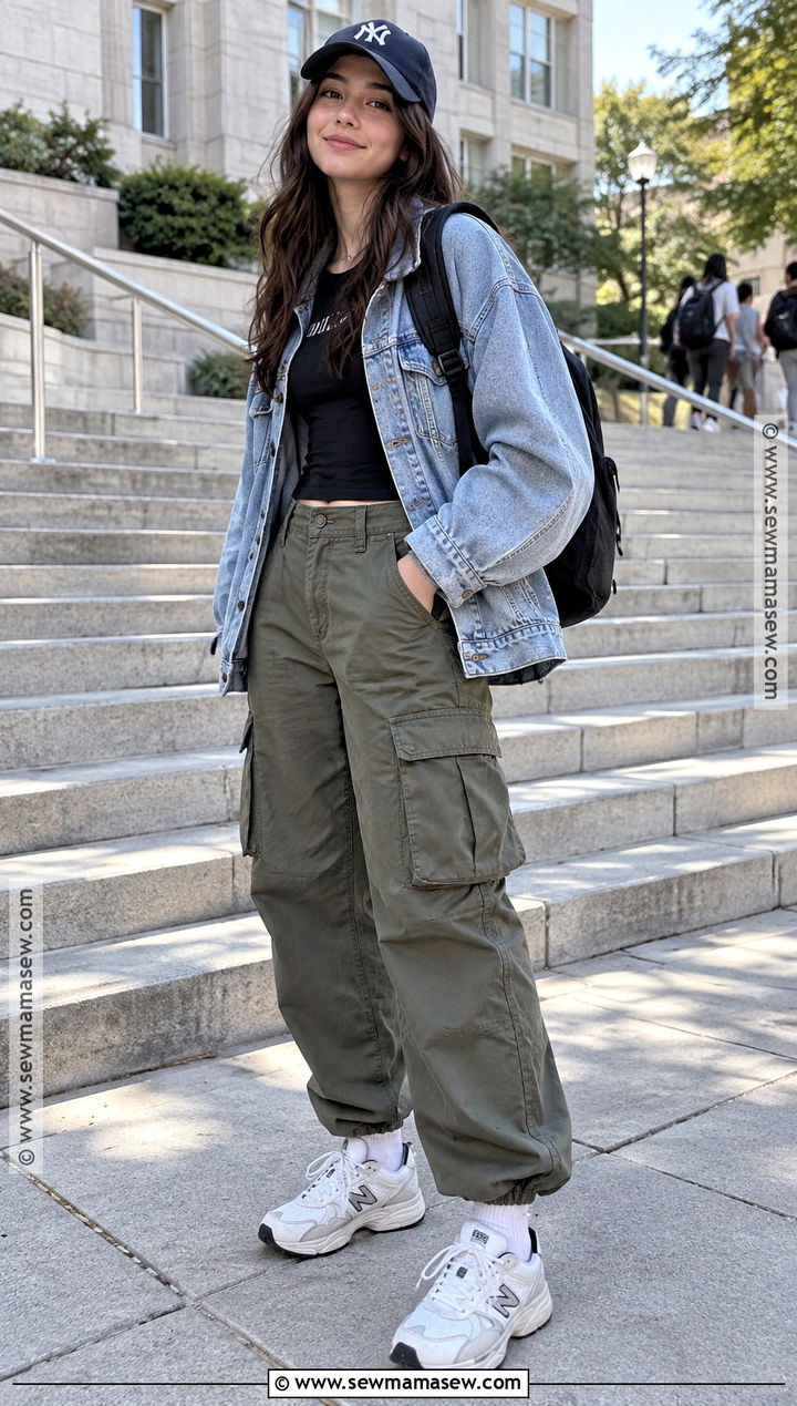 Denim Jacket And Baggy Cargo Pants Outfit - 15 baggy back to school outfits