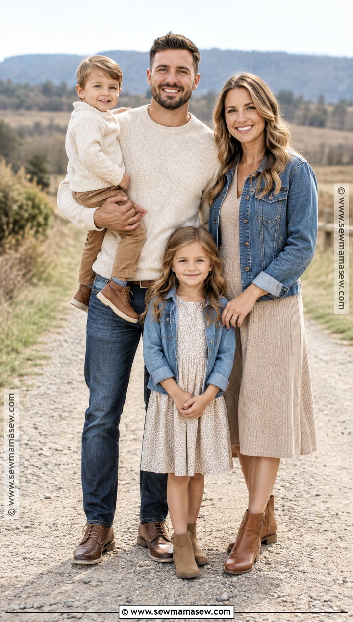 Denim Jacket And Beige Knit Family Picture Outfit - 15 Neutral Fall Outfits For Family Pictures