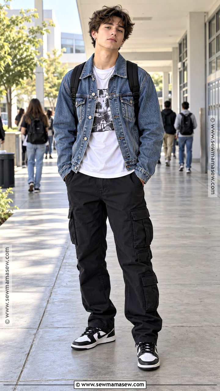 Denim Jacket And Black Cargo Pants High School Outfit - 20 fall outfits high school