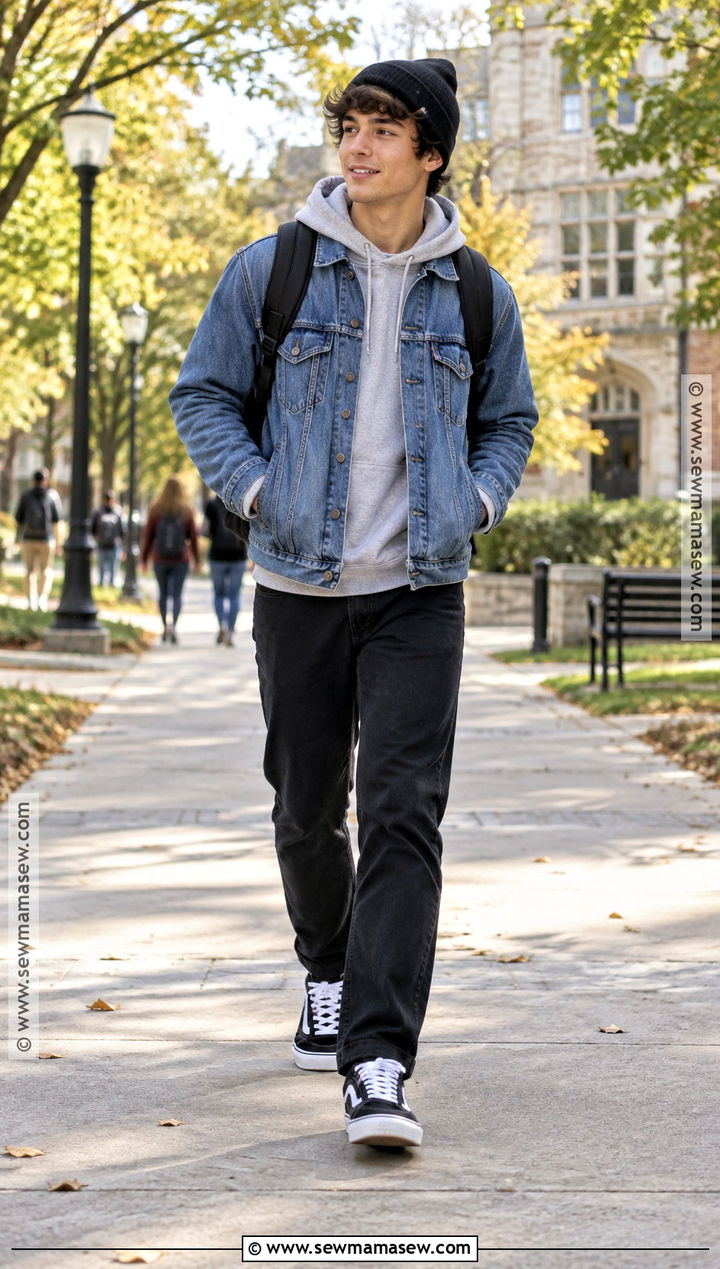 Denim Jacket And Black Jeans Back To School Outfit - 15 back to school men outfits