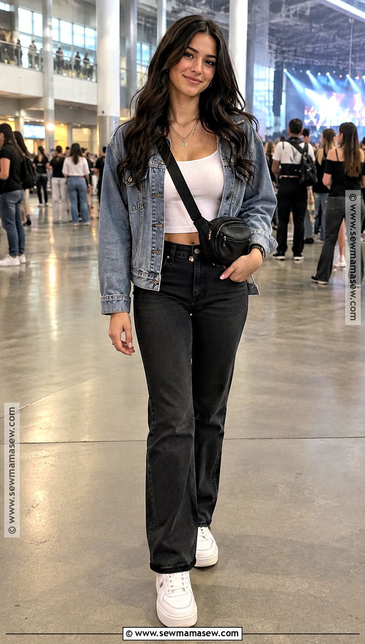Denim Jacket And Black Jeans Concert Outfit - 15 concert outfit ideas autumn