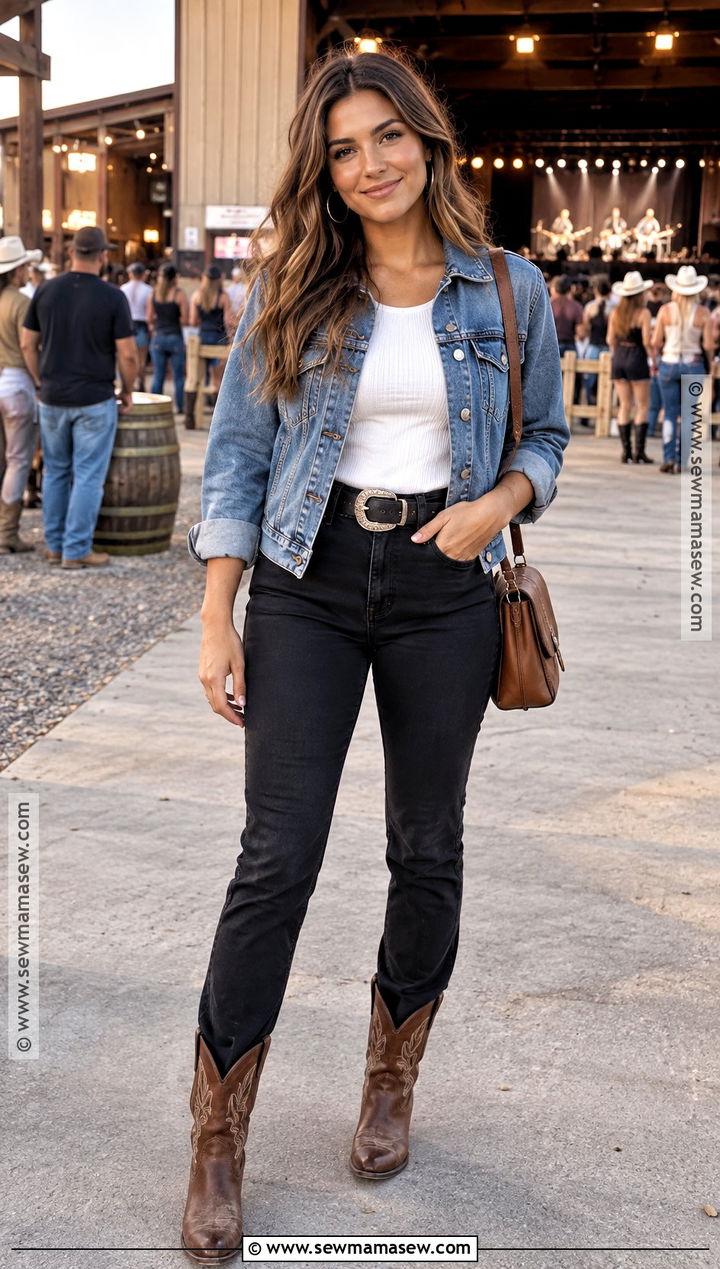 Denim Jacket And Black Jeans Country Concert Outfit - 25 fall country concert outfit ideas