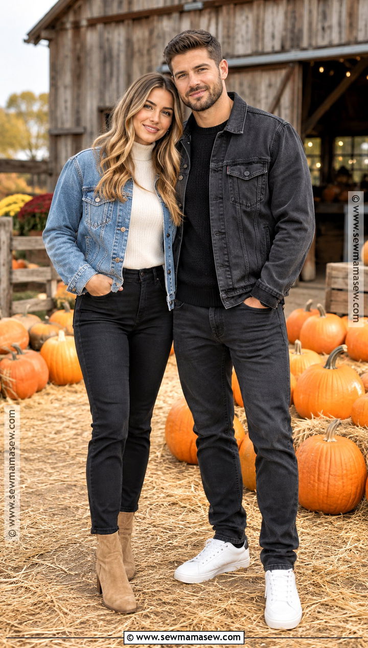 Denim Jacket And Black Jeans Couple Outfit - 25 pumpkin patch outfit ideas for couples