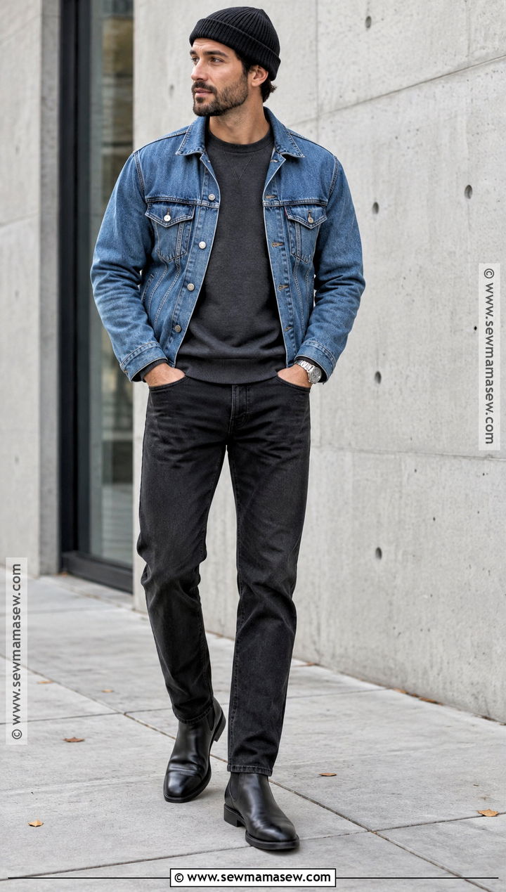Denim Jacket And Black Jeans Fall Outfit - 25 Fall Mens Outfits