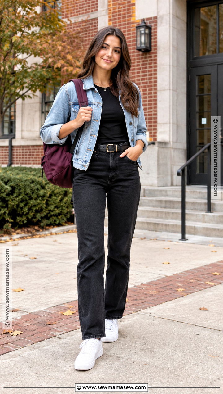 Denim Jacket And Black Jeans Fall School Outfit - 25 fall outfit inspo for school ideas