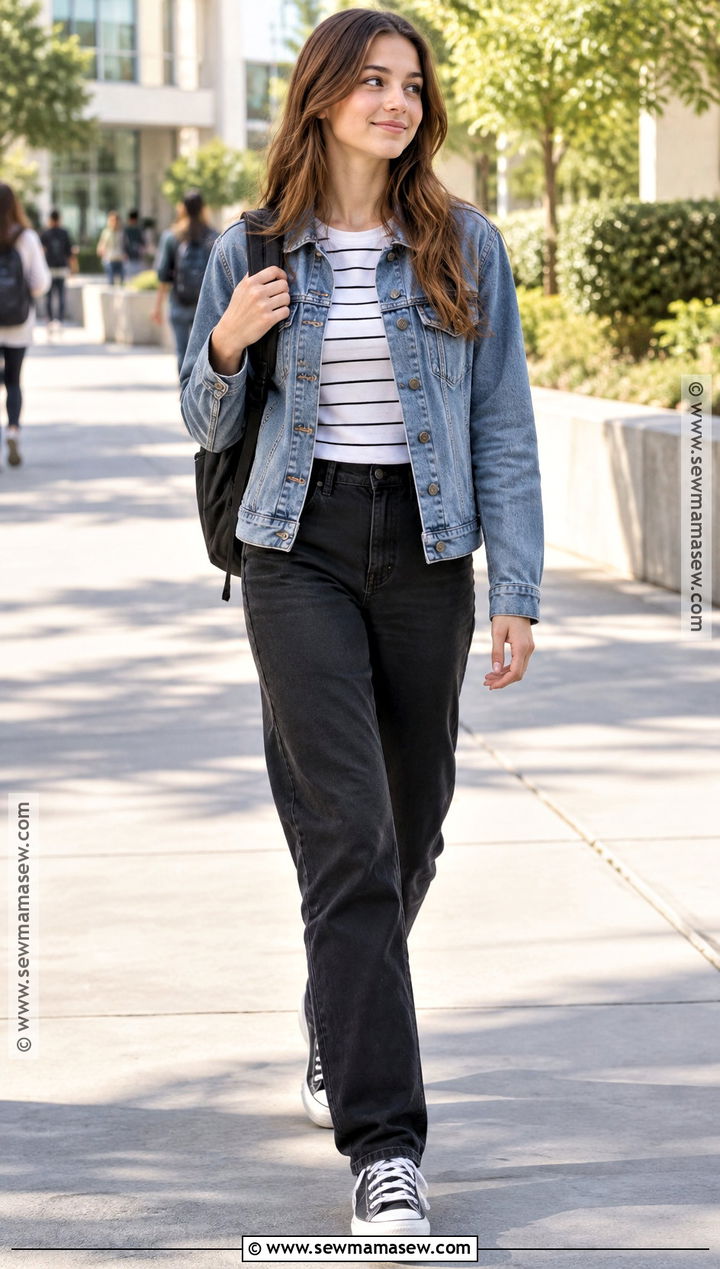 Denim Jacket And Black Jeans High School Outfit - 15 back to school highschool freshman outfit ideas