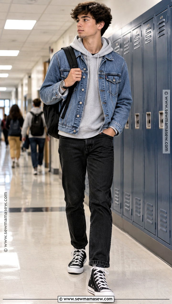 Denim Jacket And Black Jeans Outfit For High School Boys - 20 Back To School Outfits Boys High School
