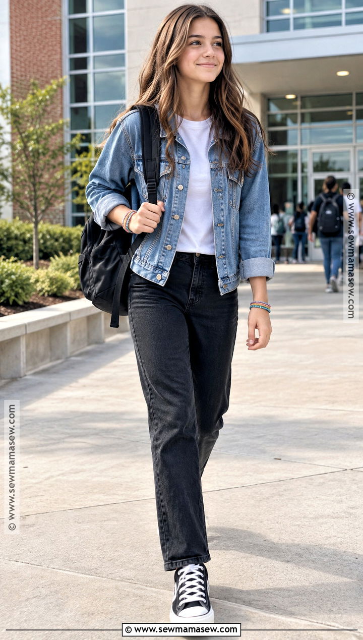 Denim Jacket And Black Jeans School Outfit - 15 cute back to school outfits 8th grade