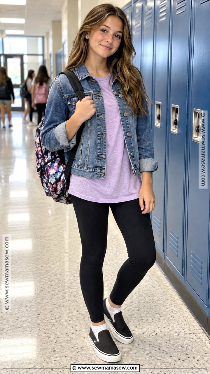 Denim Jacket And Black Leggings 8th Grade Outfit - 20 back to school outfits 8th grade for girls