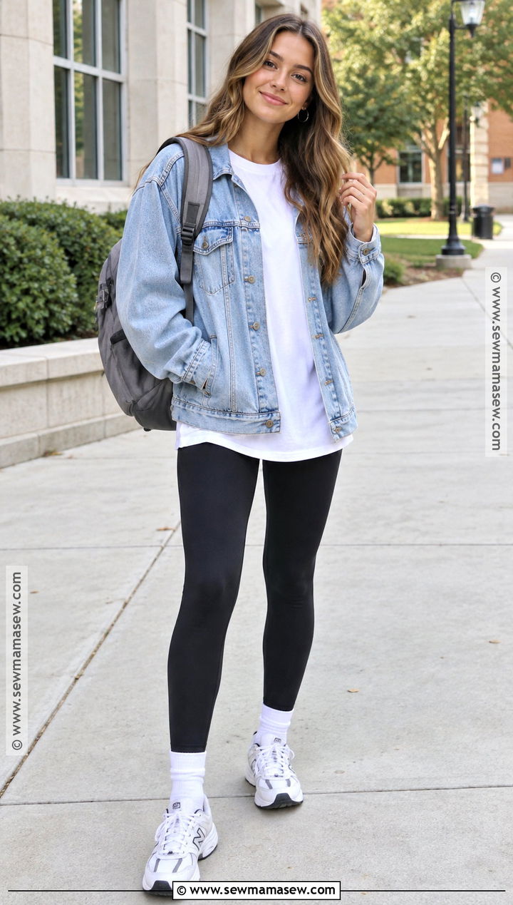 Denim Jacket And Black Leggings Back To School Outfit - 15 cute basic back to school outfits