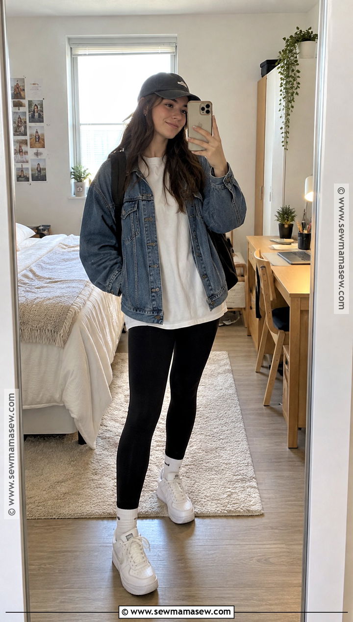 Denim Jacket And Black Leggings Back To School Outfit - 15 Pinterest Back To School Outfits