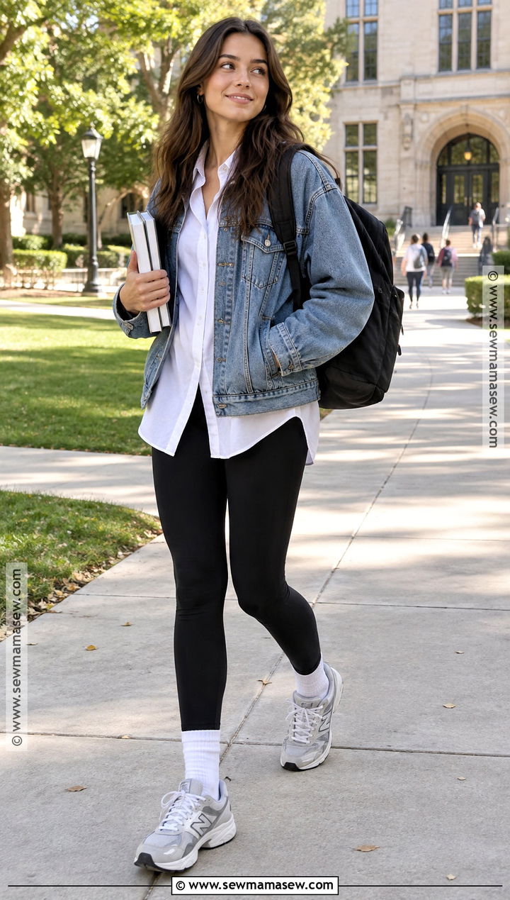 Denim Jacket And Black Leggings Back To School Outfit - 15 back to school outfits for women
