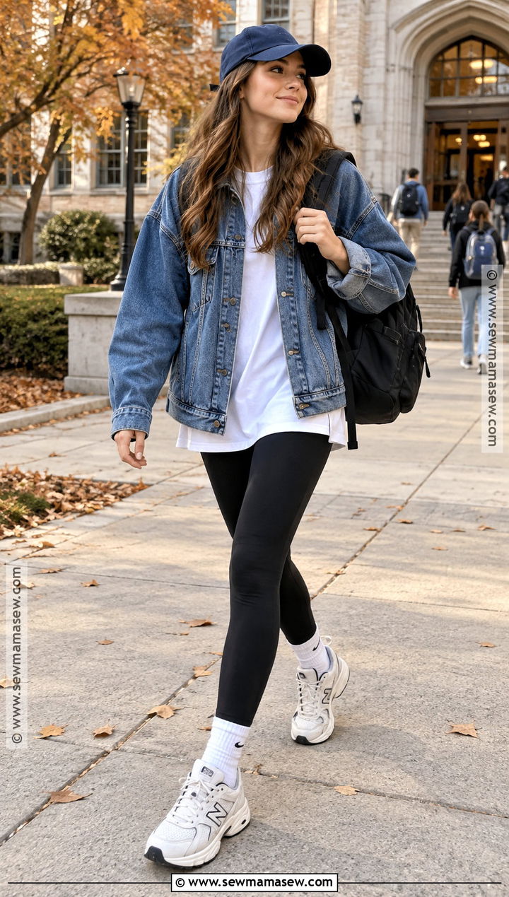 Denim Jacket And Black Leggings For College - 15 college class outfits fall