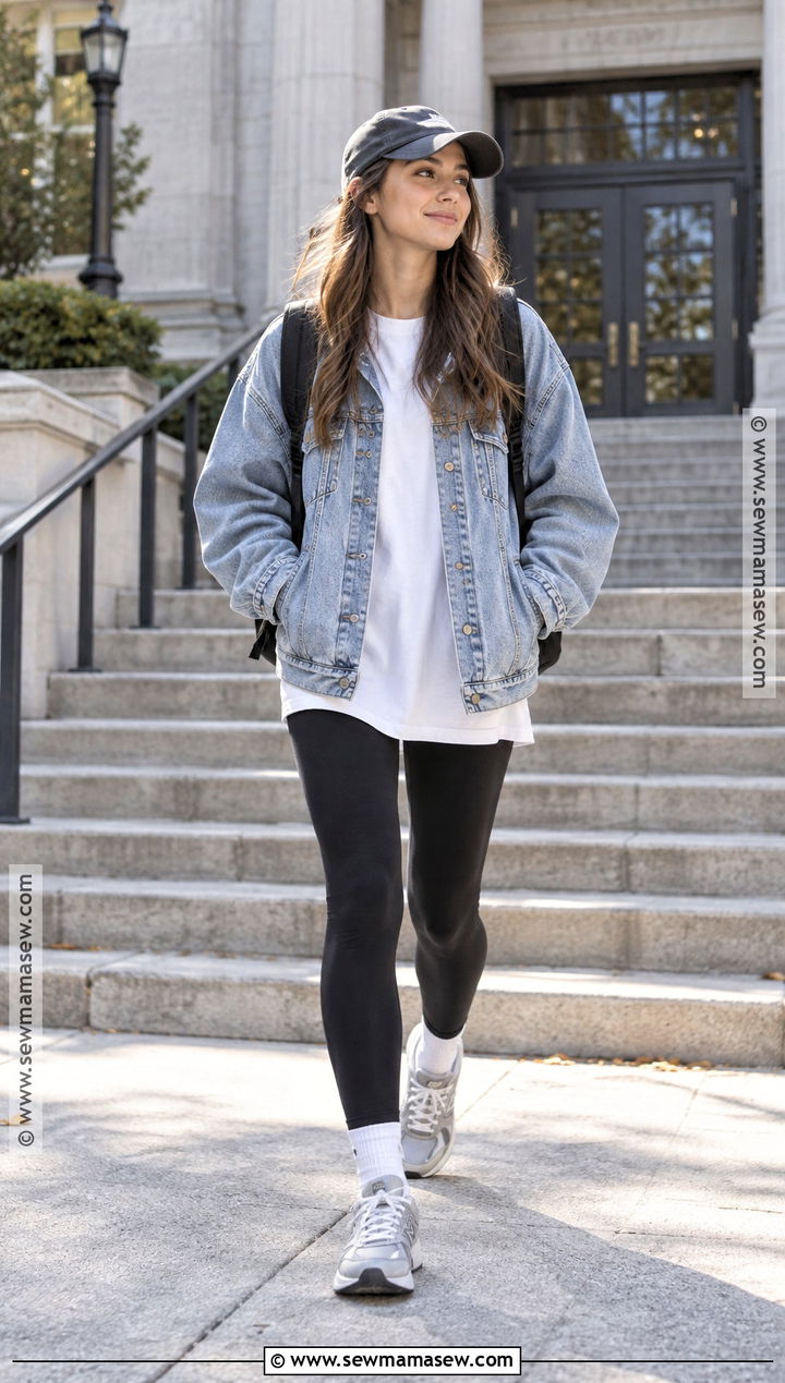 Denim Jacket And Black Leggings Outfit - 15 Back To School Wardrobe Ideas