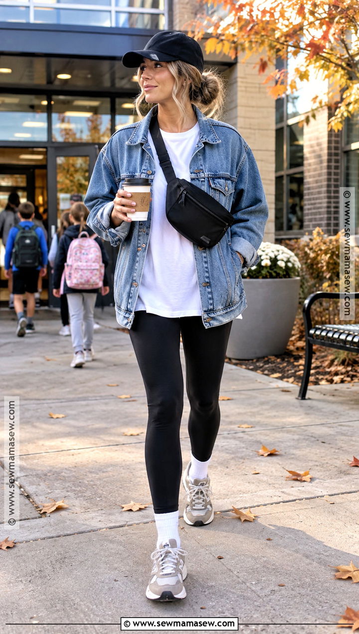 Denim Jacket And Black Leggings Outfit - 15 Cool Mom Outfits Fall 2026