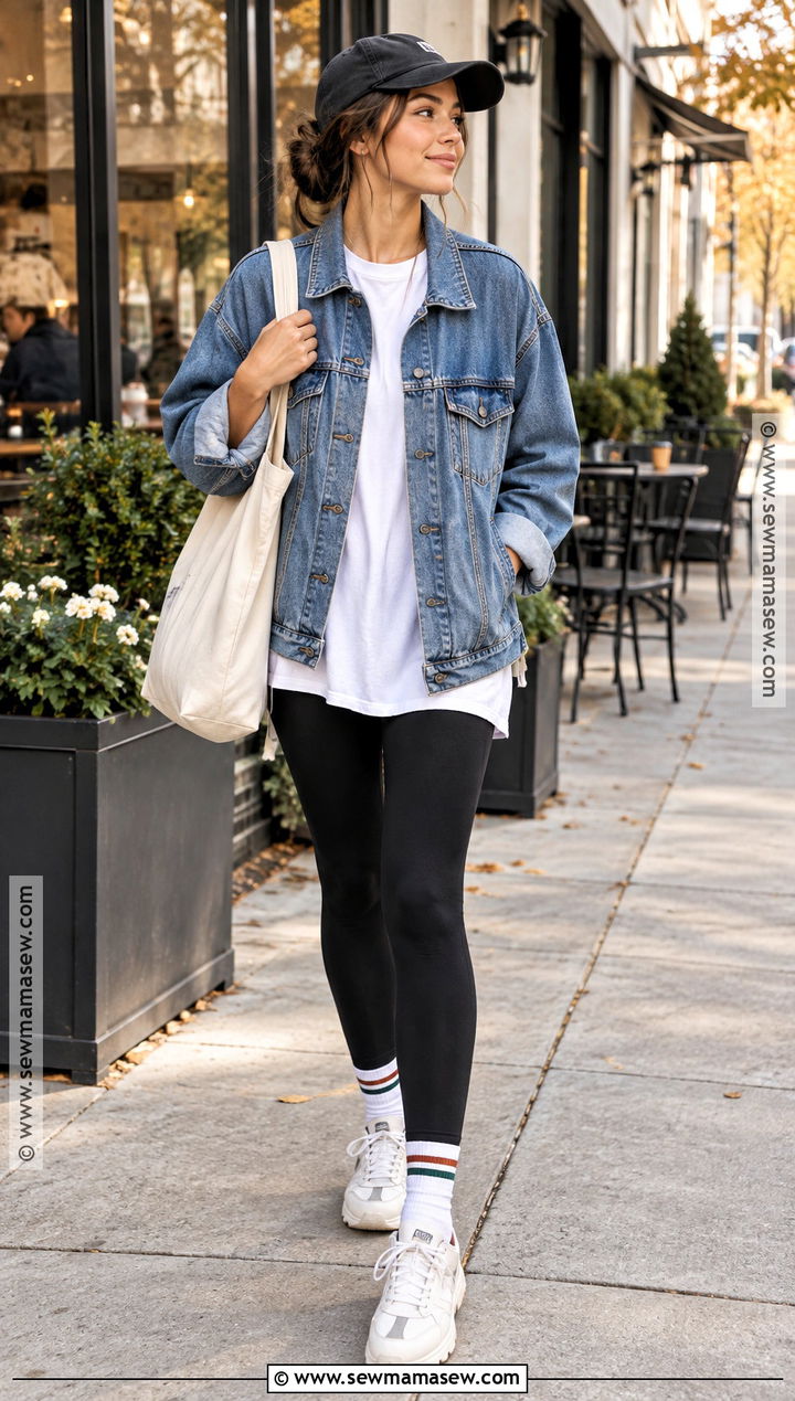 Denim Jacket And Black Leggings Outfit - 20 Fall Teen Girl Outfits
