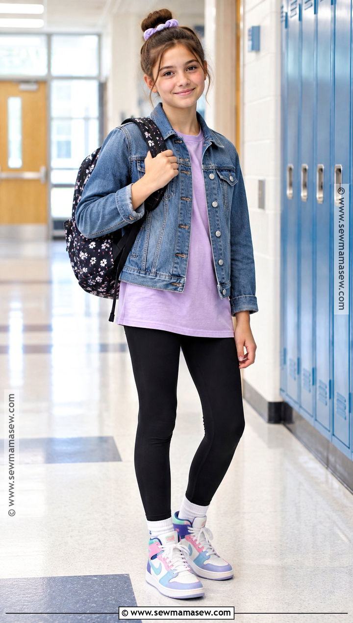 Denim Jacket And Black Leggings Outfit - 25 back to school outfits middle school 6th grade