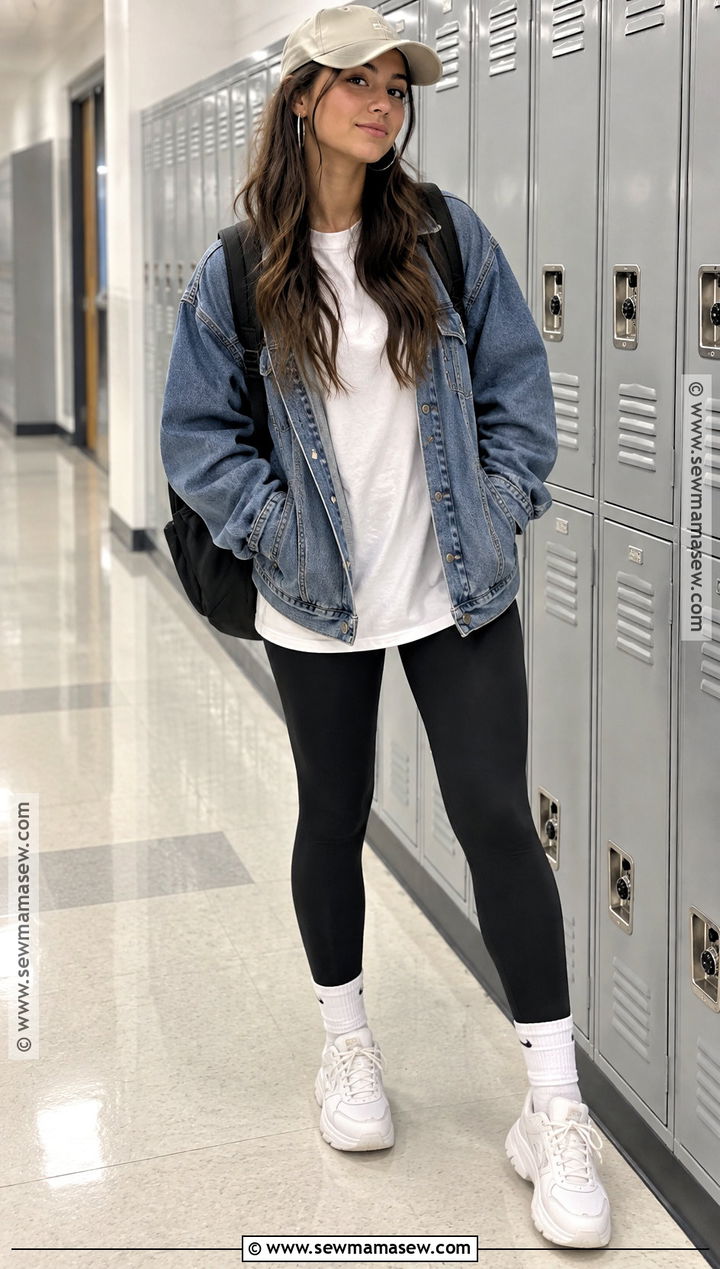 Denim Jacket And Black Leggings School Outfit - 15 fall school outfits highschool baddie