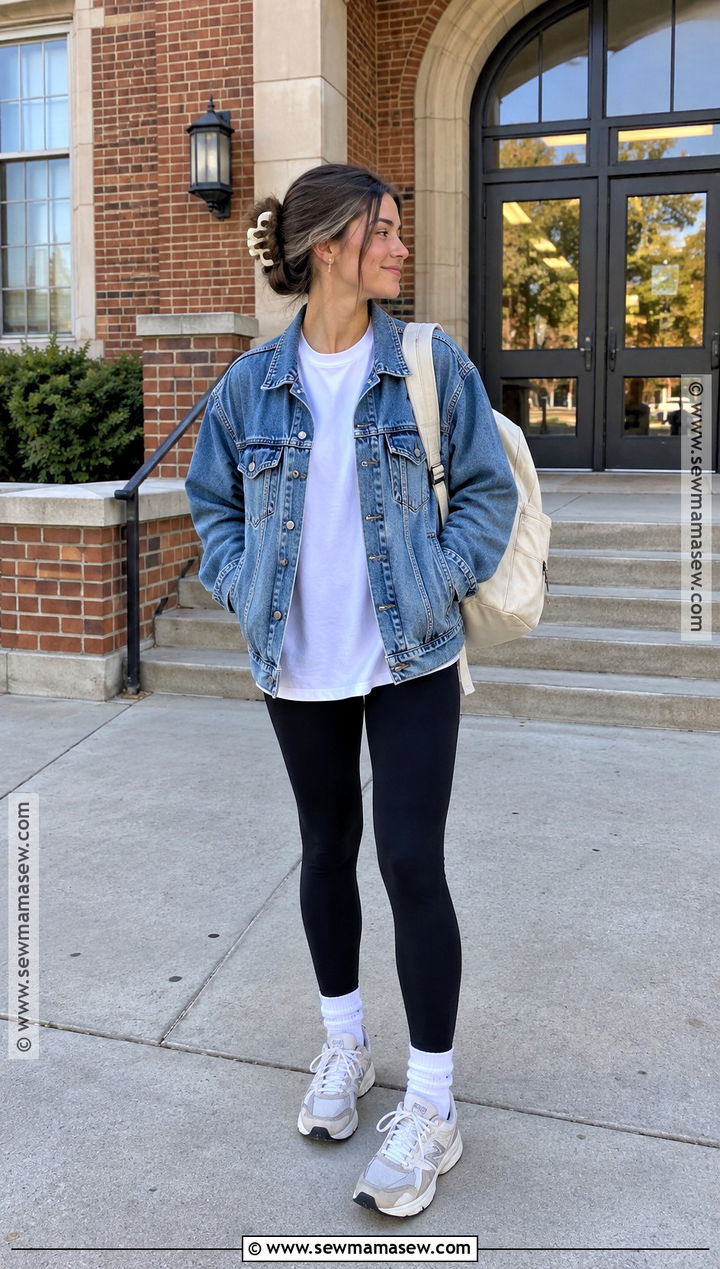 Denim Jacket And Black Leggings School Outfit - 15 lazy back to school outfits