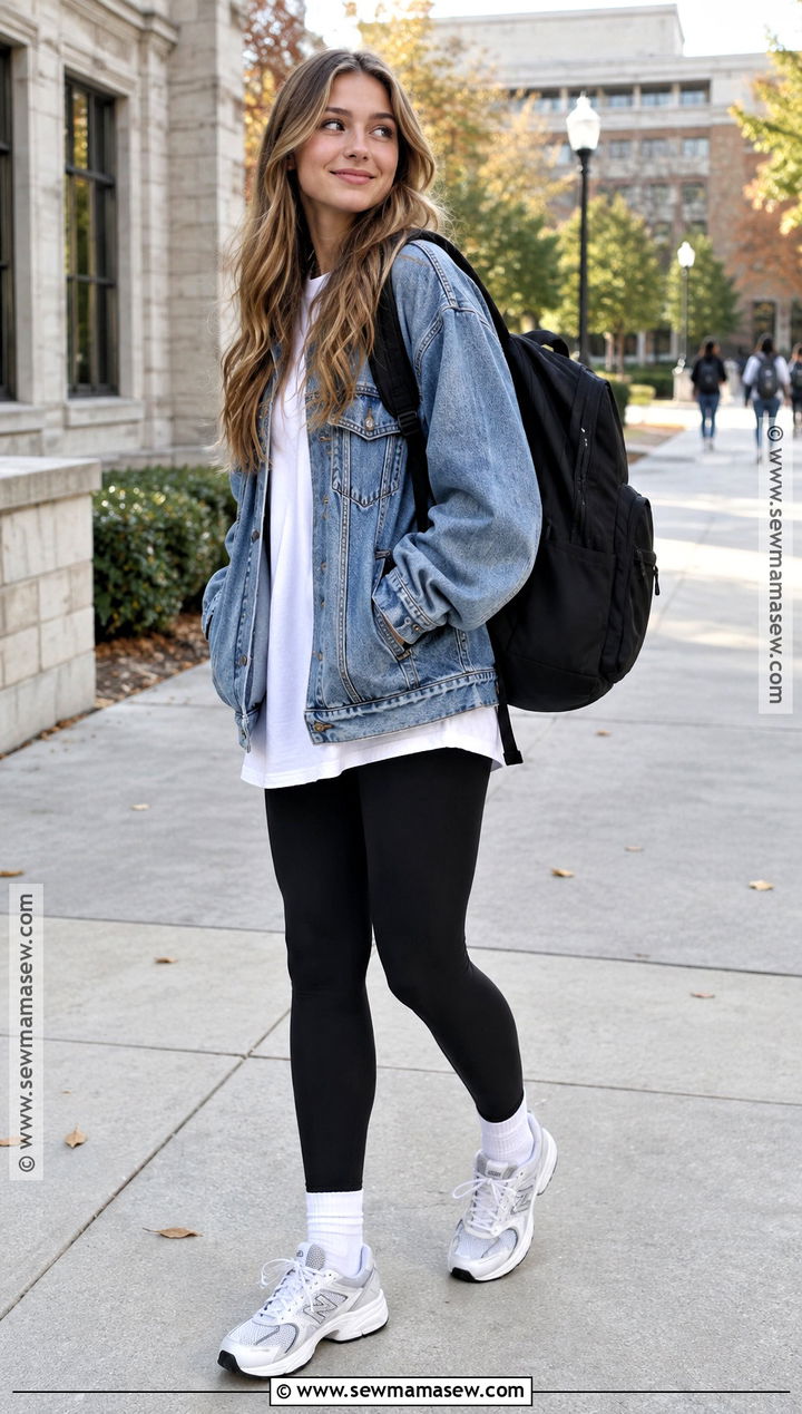 Denim Jacket And Black Leggings School Outfit - 20 fall outfit school ideas