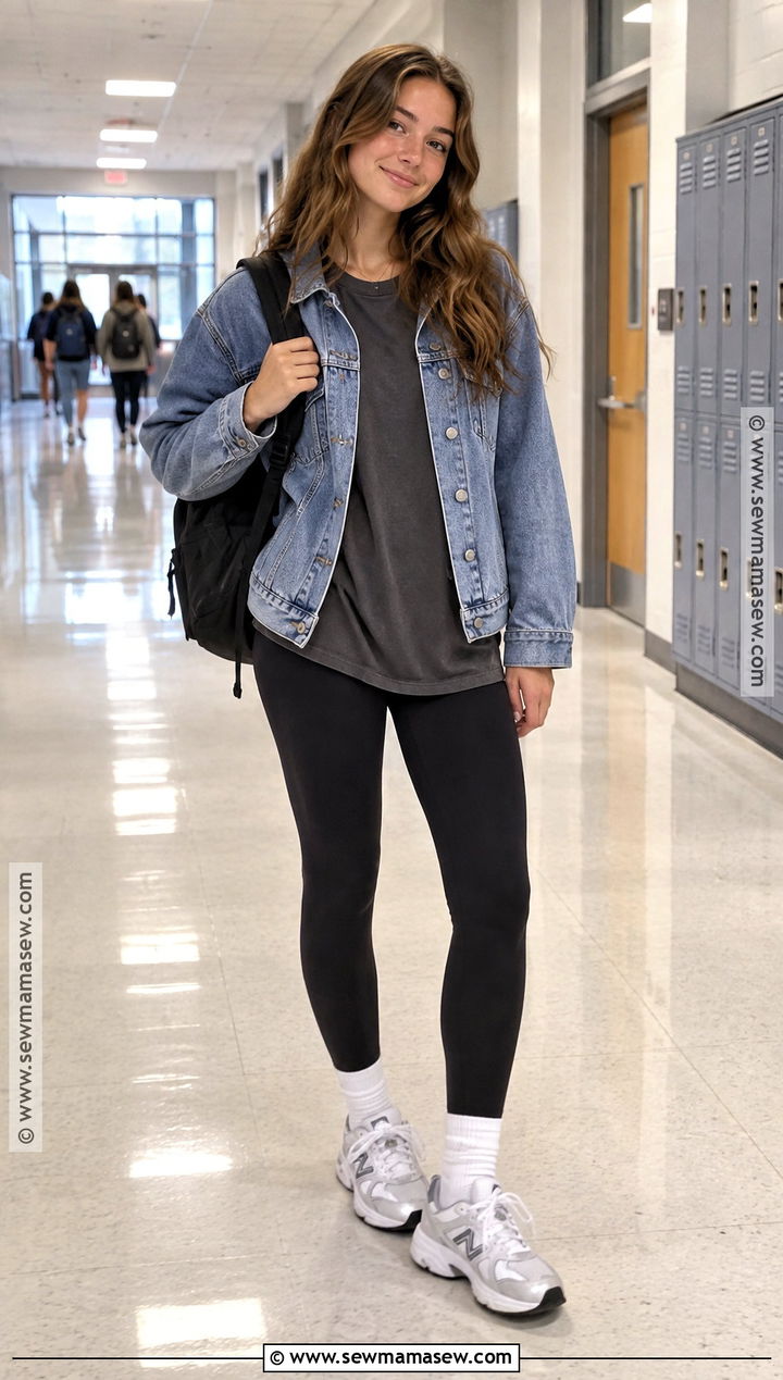 Denim Jacket And Black Leggings School Outfit - 25 autumn outfits school