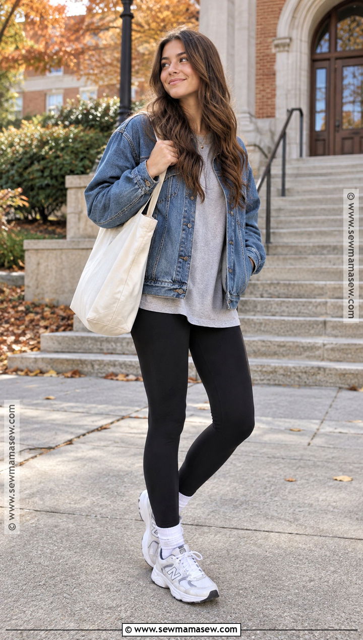 Denim Jacket And Black Leggings School Outfit - 15 fall aesthetic school outfits