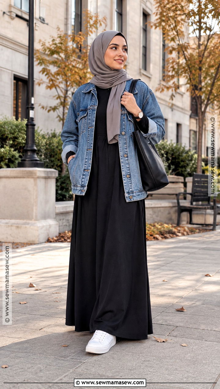 Denim Jacket And Black Maxi Dress Fall Hijab Outfit - 20 fall outfit hijab ideas