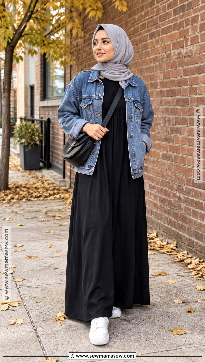 Denim Jacket And Black Maxi Dress Hijab Outfit - 20 fall outfits women hijab