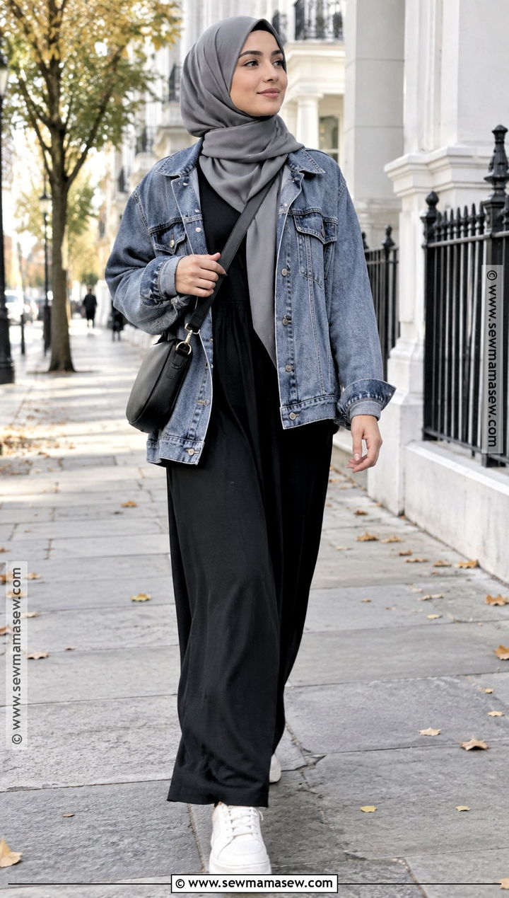 Denim Jacket And Black Maxi Dress Hijabi Outfit - 20 Fall Hijabi Outfits Aesthetic